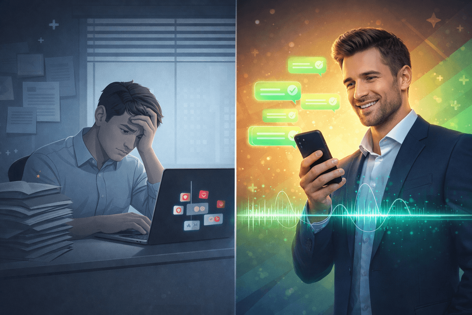 Split screen showing a frustrated salesperson with low response rates on one side and a successful salesperson with high engagement on the other - illustrating warm vs cold outreach