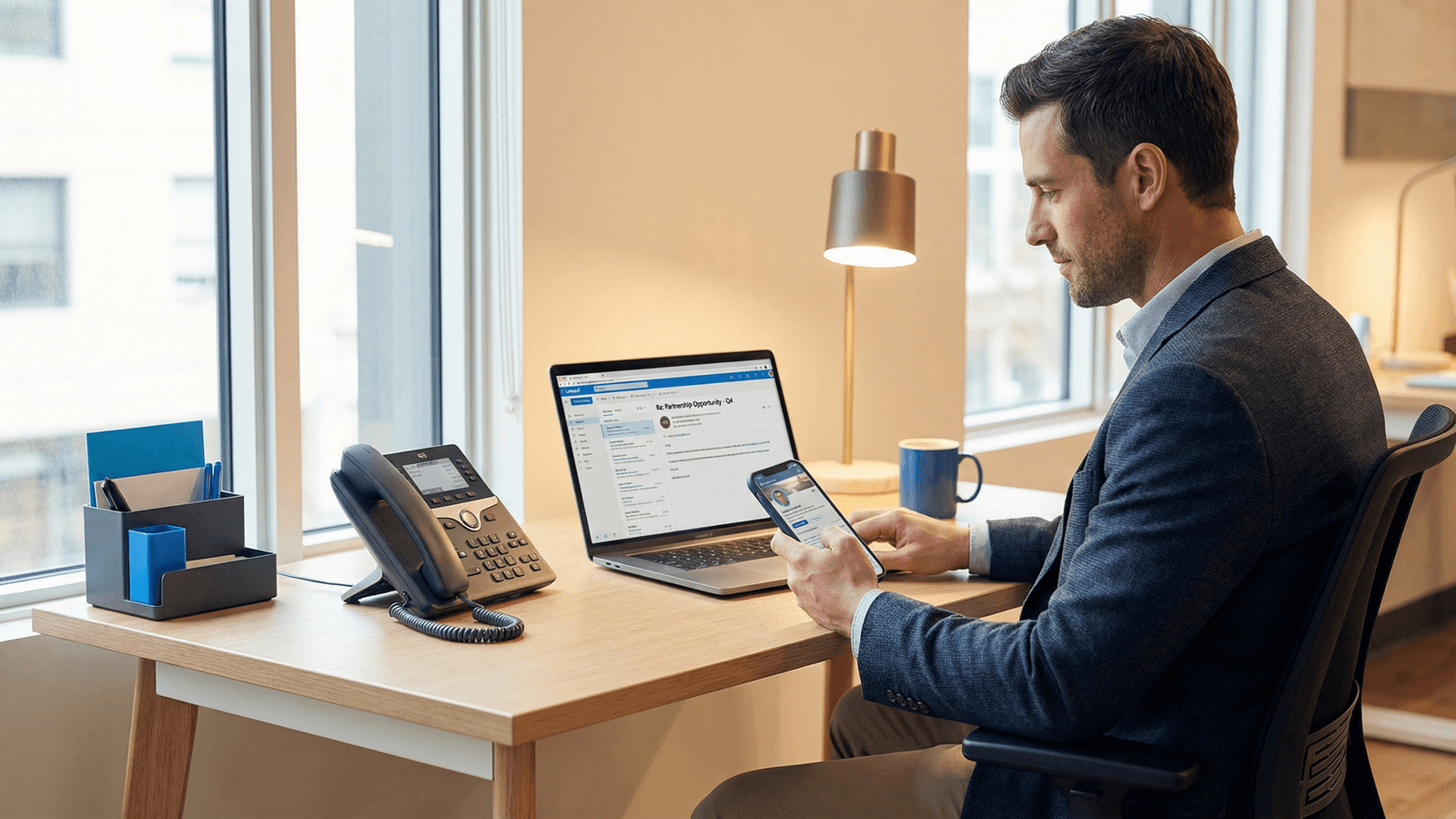 Sales professional working on laptop and phone, demonstrating multi-channel outreach across email, LinkedIn, and phone